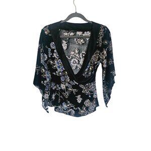 vintage 90's cross front Top Bell Sleeves Size Medium black blue floral